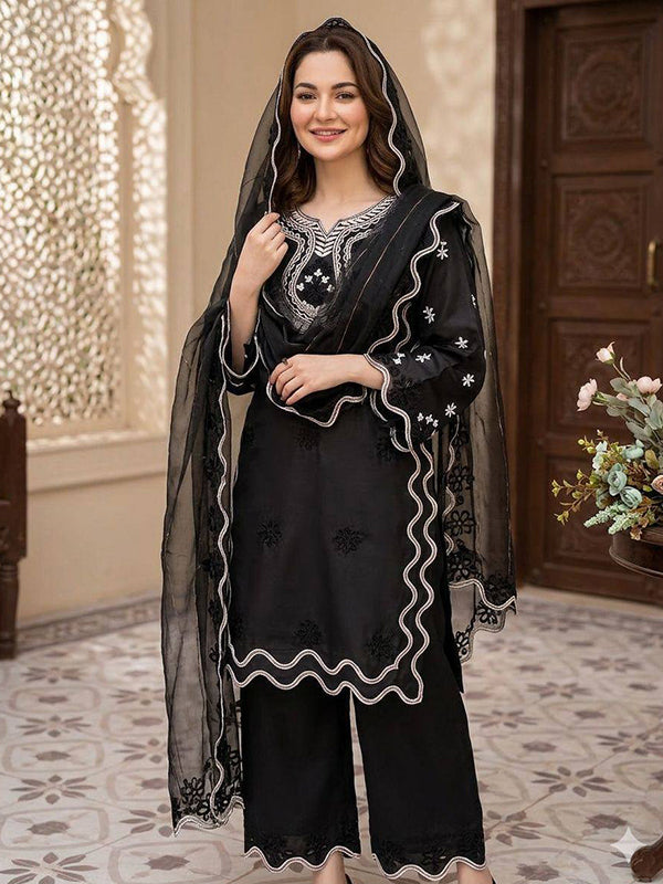 Black Sequence Embroidery Work Crape Silk Salwar Suit With Organza Dupatta