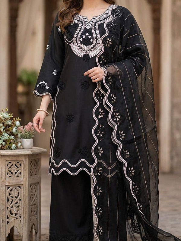 Black Sequence Embroidery Work Crape Silk Salwar Suit With Organza Dupatta