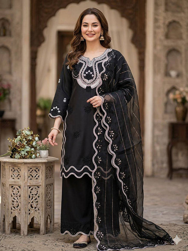 Black Sequence Embroidery Work Crape Silk Salwar Suit With Organza Dupatta