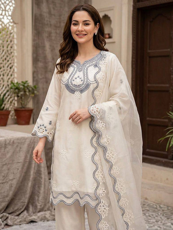 White Sequence Embroidery Work Crape Silk Salwar Suit With Organza Dupatta