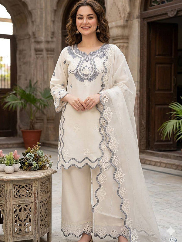 White Sequence Embroidery Work Crape Silk Salwar Suit With Organza Dupatta