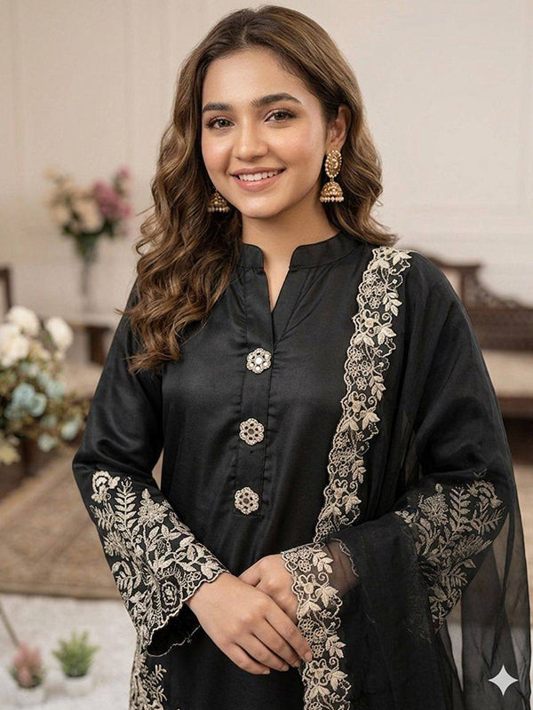 Black Embroidery Work Crape Silk Pakistani Suit With Organza Dupatta