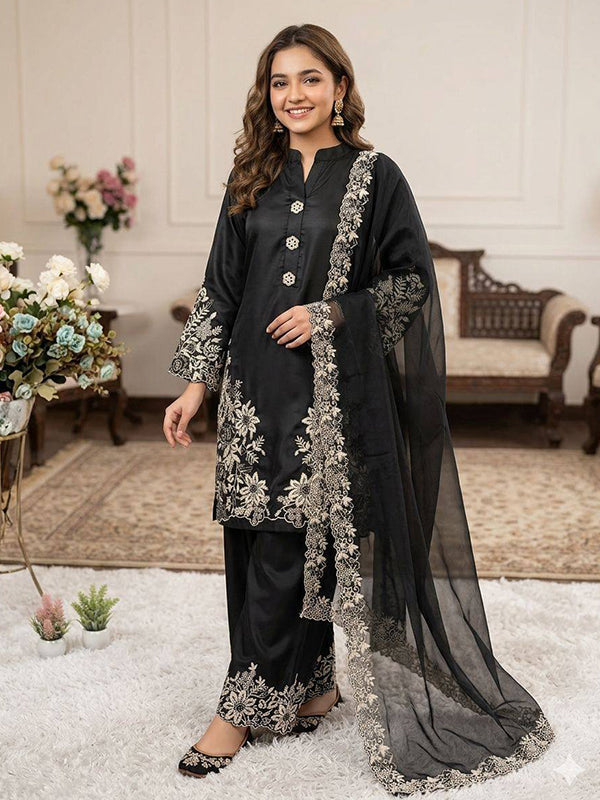 Black Embroidery Work Crape Silk Pakistani Suit With Organza Dupatta