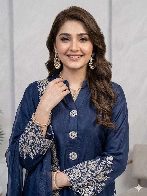 Navy Blue Embroidery Work Crape Silk Pakistani Suit With Organza Dupatta