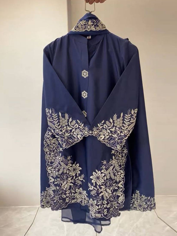 Navy Blue Embroidery Work Crape Silk Pakistani Suit With Organza Dupatta