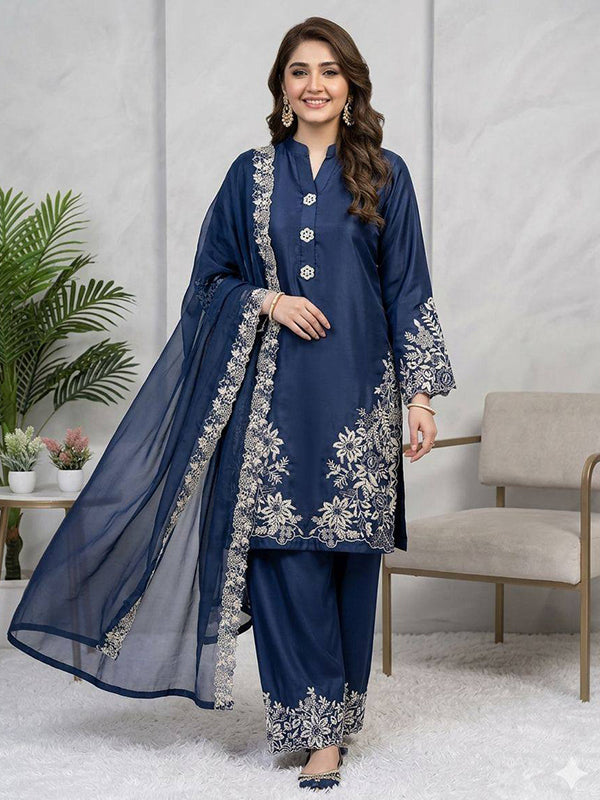Navy Blue Embroidery Work Crape Silk Pakistani Suit With Organza Dupatta