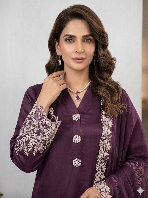 Wine Embroidery Work Crape Silk Pakistani Suit With Organza Dupatta