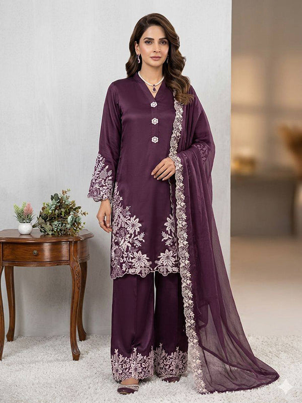 Wine Embroidery Work Crape Silk Pakistani Suit With Organza Dupatta