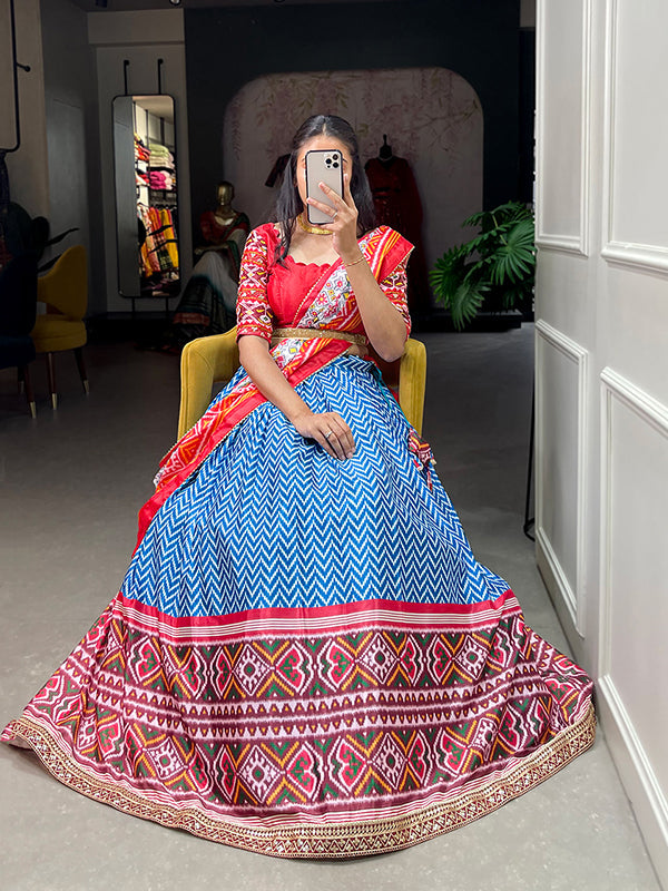 Blue Chinon Silk Leheriya Print Lehenga Choli With Dupatta