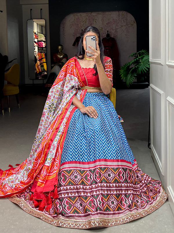 Blue Chinon Silk Leheriya Print Lehenga Choli With Dupatta