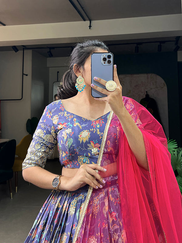Lavender Chinon Silk Embroidered Lehenga Choli With Dupatta