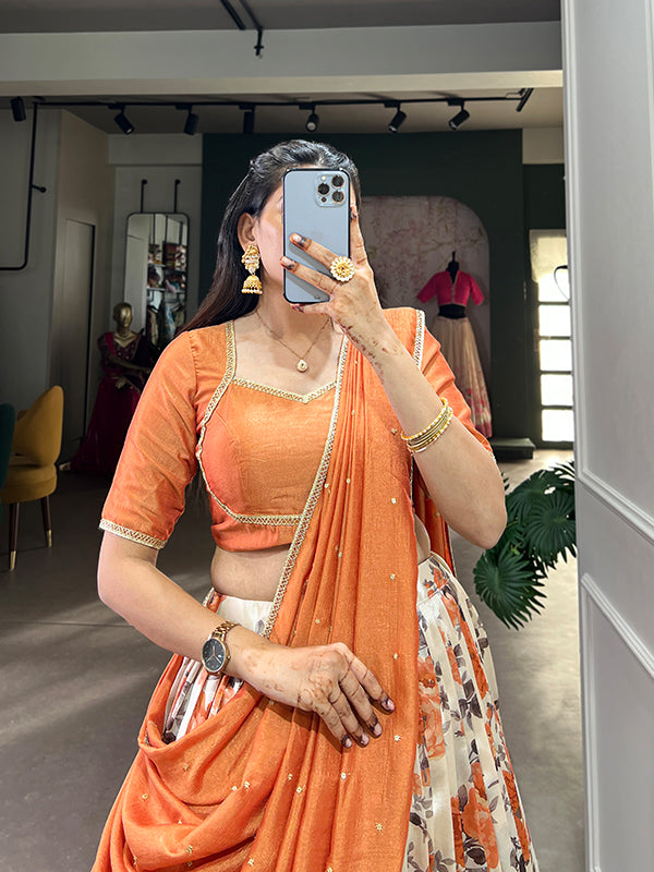 Orange Floral Dola Silk Lehenga Choli With Dupatta