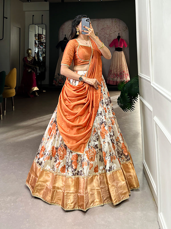 Orange Floral Dola Silk Lehenga Choli With Dupatta