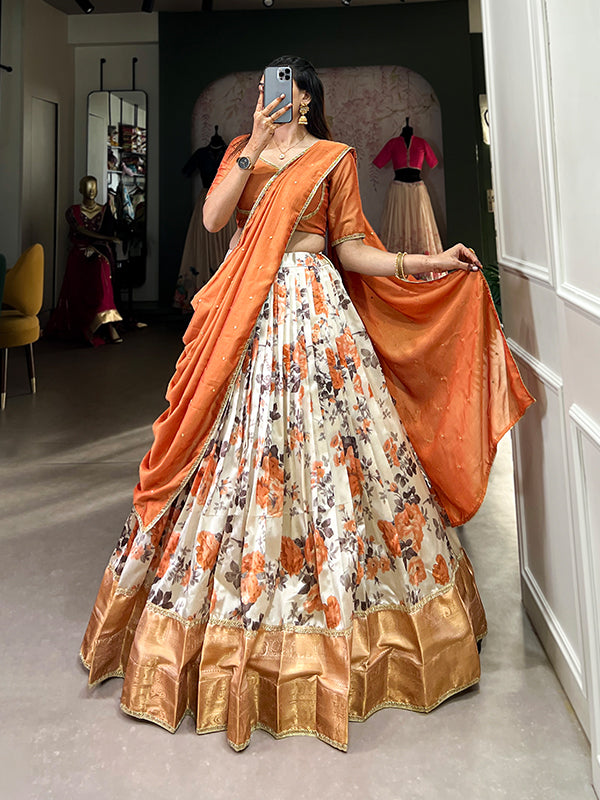 Orange Floral Dola Silk Lehenga Choli With Dupatta