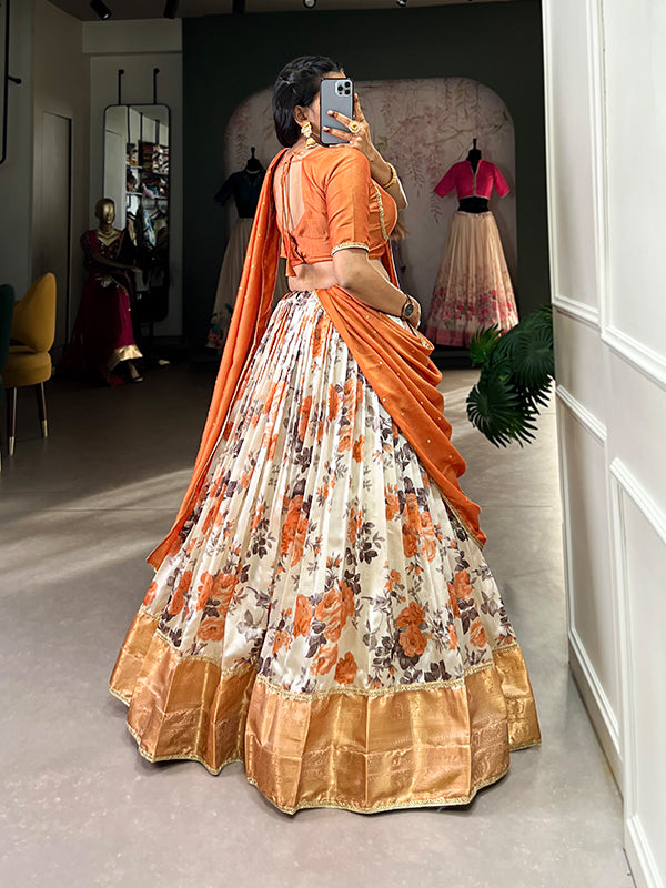 Orange Floral Dola Silk Lehenga Choli With Dupatta