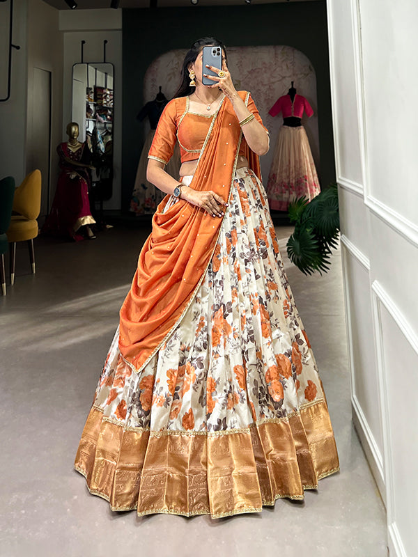 Orange Floral Dola Silk Lehenga Choli With Dupatta