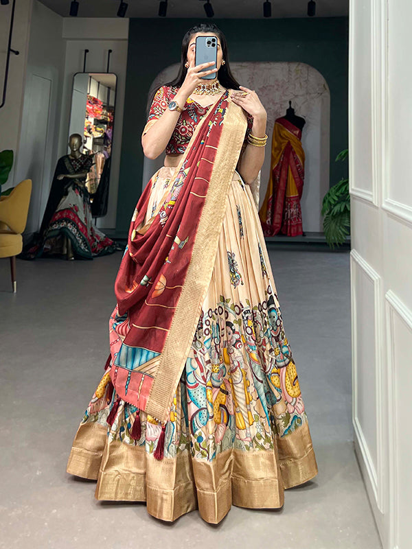 Cream Kalamkari Print Silk Lehenga Choli With Dupatta