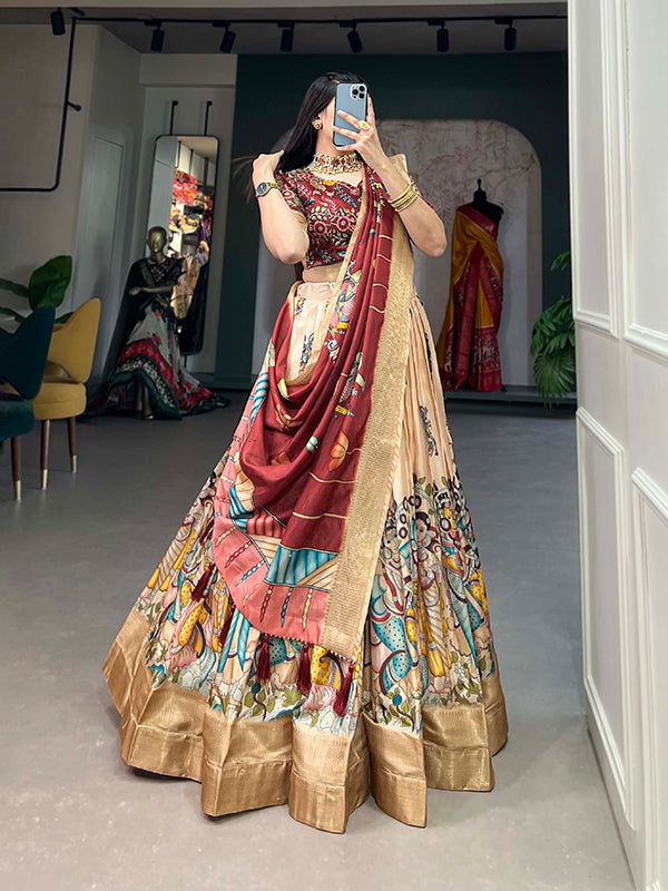 Cream Kalamkari Print Silk Lehenga Choli With Dupatta