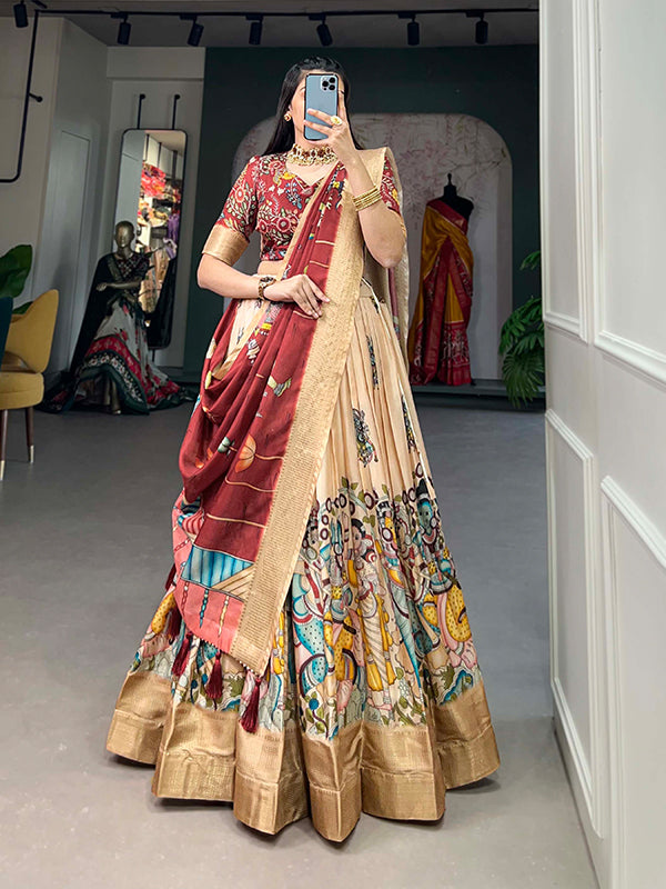 Cream Kalamkari Print Silk Lehenga Choli With Dupatta