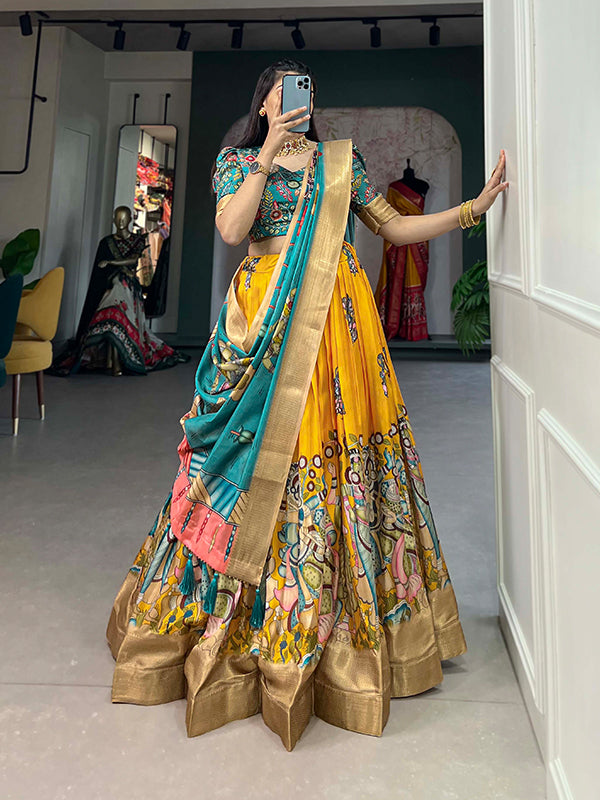 Yellow Kalamkari Print Silk Lehenga Choli With Dupatta