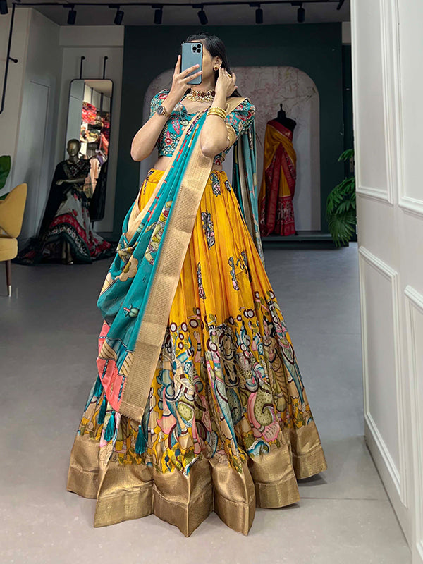 Yellow Kalamkari Print Silk Lehenga Choli With Dupatta