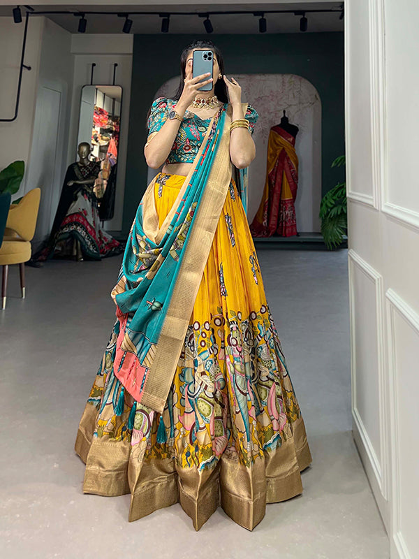 Yellow Kalamkari Print Silk Lehenga Choli With Dupatta