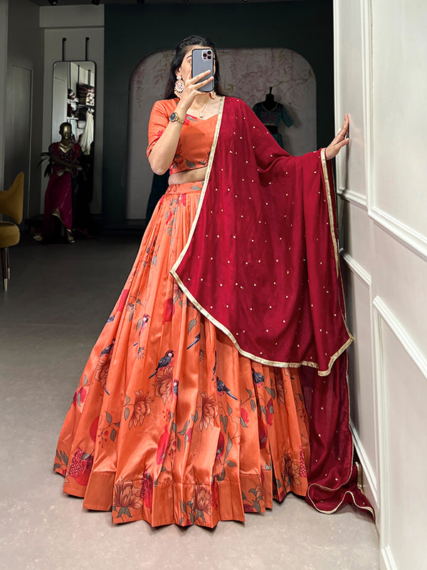 Peach Color Printed Silk Lehenga Choli With Dupatta