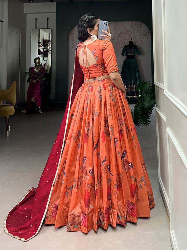 Peach Color Printed Silk Lehenga Choli With Dupatta