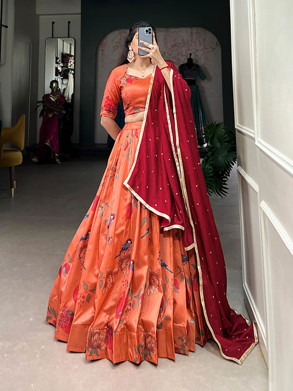 Peach Color Printed Silk Lehenga Choli With Dupatta