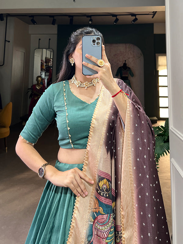 Sea Green Chinon Silk Lace Border Lehenga Choli