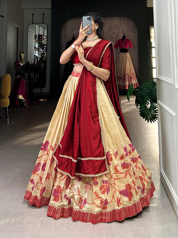 Maroon & Off-White Silk Lehenga Choli With Dupatta