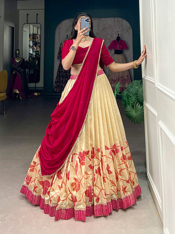 Pink & Off-White Silk Lehenga Choli With Dupatta