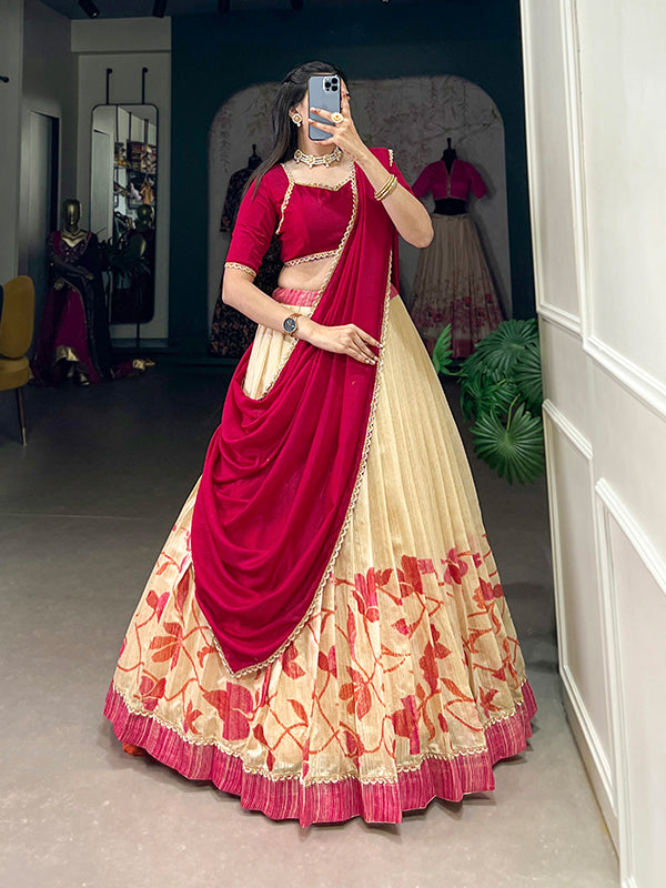 Pink & Off-White Silk Lehenga Choli With Dupatta