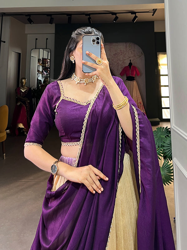 Purple & Off-White Silk Lehenga Choli With Dupatta