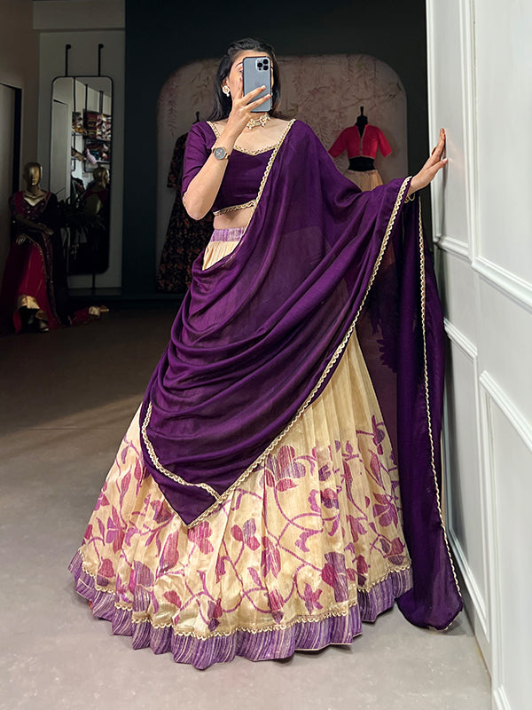 Purple & Off-White Silk Lehenga Choli With Dupatta