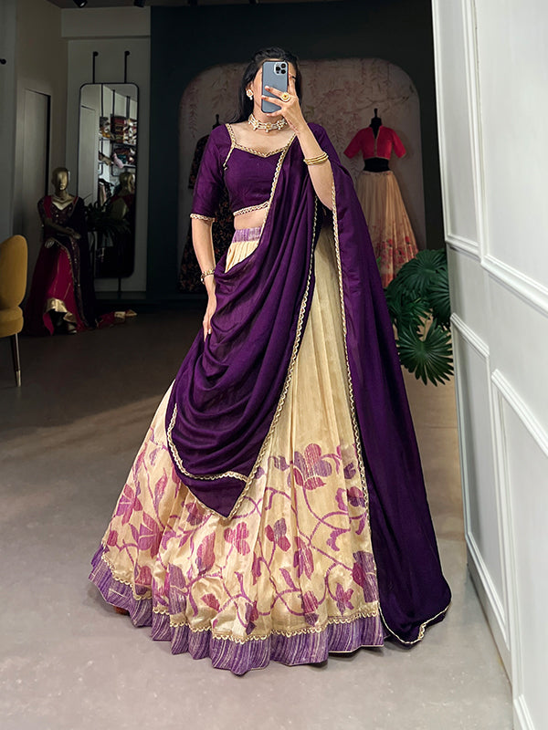 Purple & Off-White Silk Lehenga Choli With Dupatta