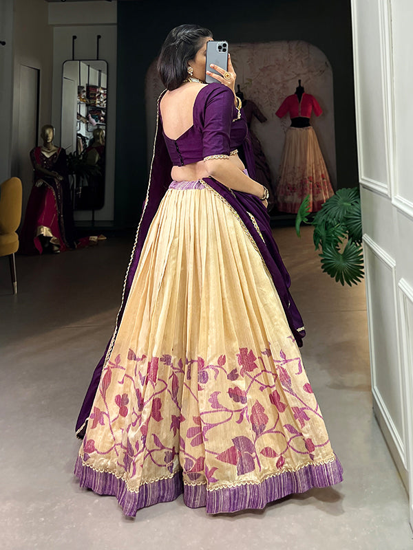 Purple & Off-White Silk Lehenga Choli With Dupatta