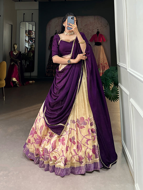 Purple & Off-White Silk Lehenga Choli With Dupatta