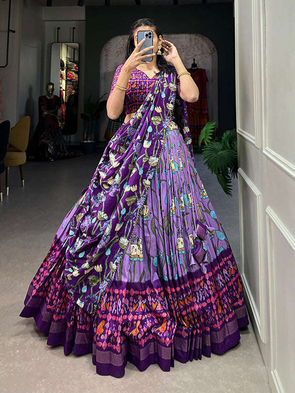 Lavender Tussar Silk With Patola Print Lehenga Choli With Dupatta