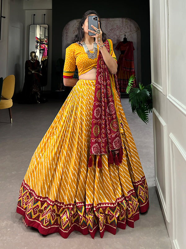 Yellow Tussar Silk With Leheriya Patola Print Lehenga Choli With Dupatta