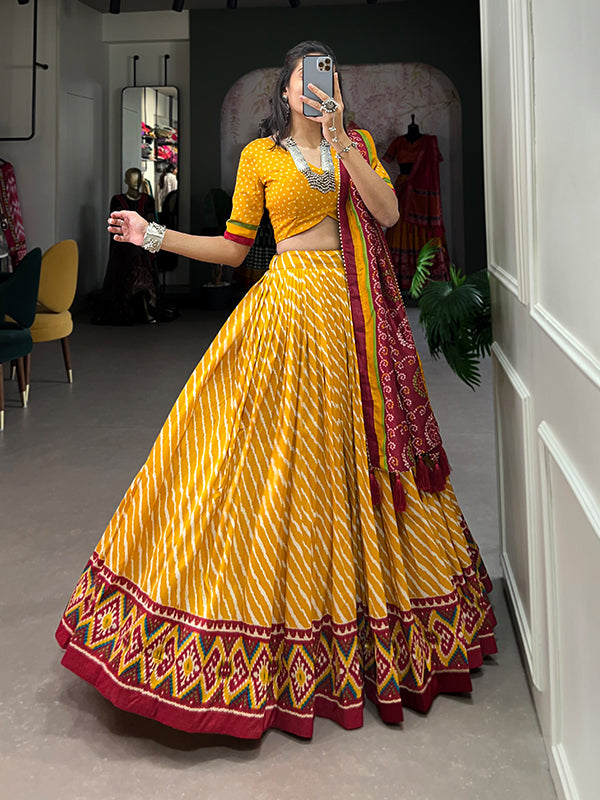 Yellow Tussar Silk With Leheriya Patola Print Lehenga Choli With Dupatta