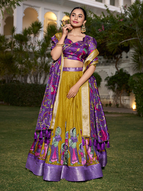 Mustard Kalamkari Print Silk Lehenga Choli With Dupatta