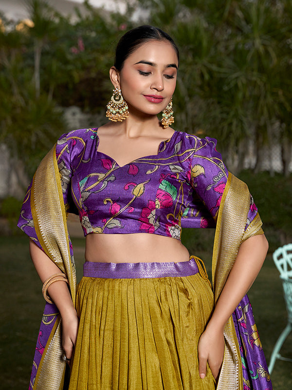 Mustard Kalamkari Print Silk Lehenga Choli With Dupatta