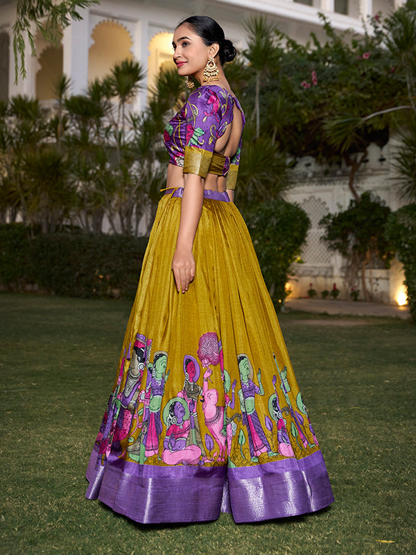 Mustard Kalamkari Print Silk Lehenga Choli With Dupatta