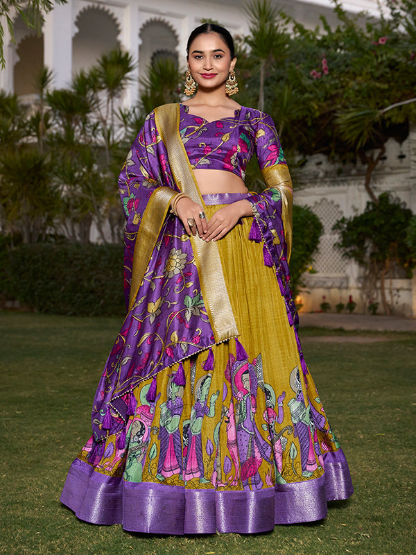 Mustard Kalamkari Print Silk Lehenga Choli With Dupatta