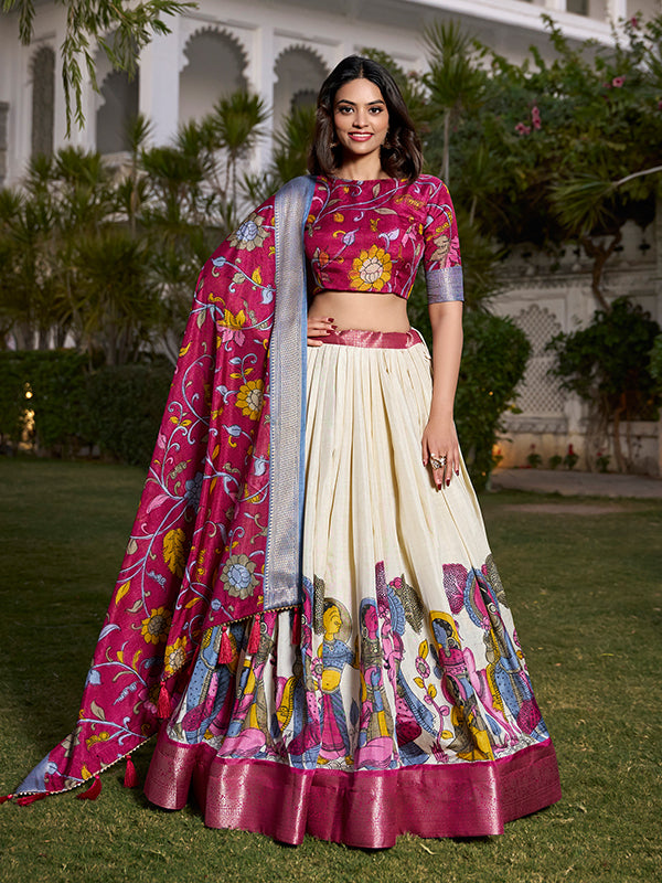 White Kalamkari Print Silk Lehenga Choli With Dupatta