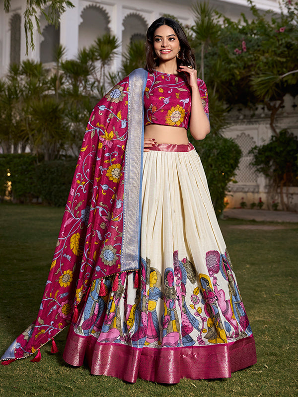 White Kalamkari Print Silk Lehenga Choli With Dupatta