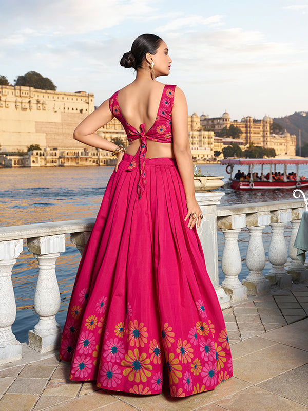 Flower Print Pink Silk Lehenga Choli With Dupatta