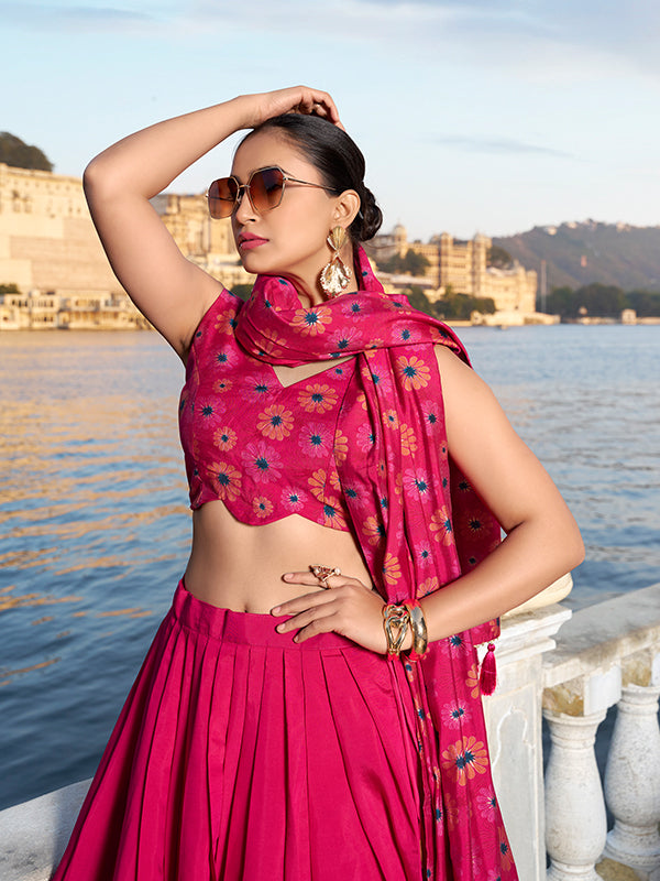 Flower Print Pink Silk Lehenga Choli With Dupatta