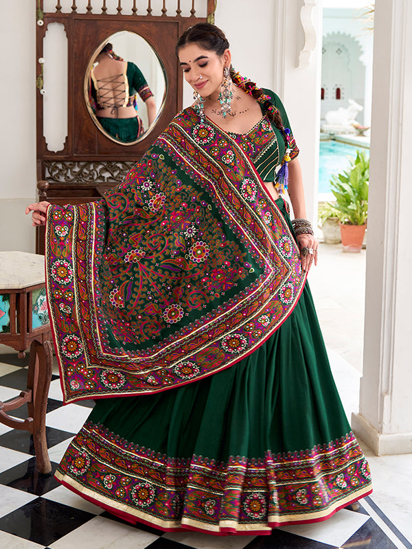 Green Gamthi Print Tussar Silk Lehenga Choli With Dupatta